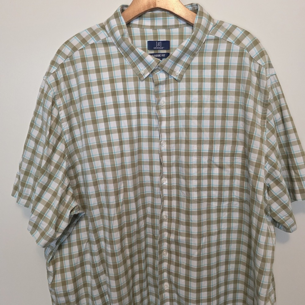 George Plaid Shirt Button Down Olive White Blue Short Sleeves Mens Big‎ Tall 3XL - Picture 3 of 12